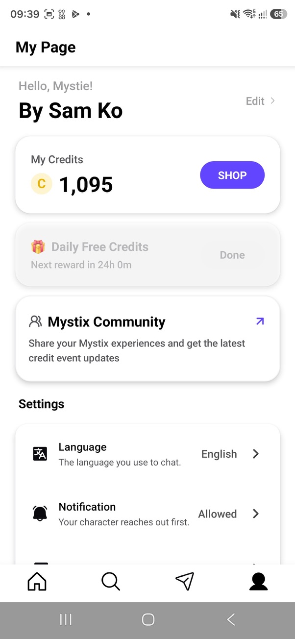 Mystix My Page and credit balance